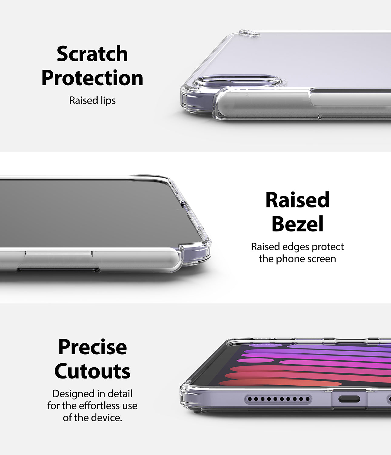 Fusion | iPad - Close-ups of a clear iPad case showing raised lips, protective screen bezels, and precise port cutouts.