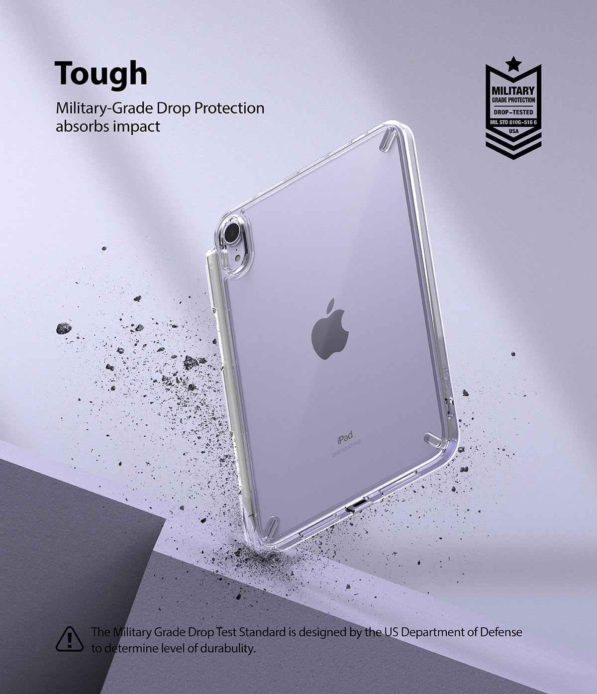 Fusion | iPad - Clear iPad case with military-grade drop protection, featuring debris and a certification badge.