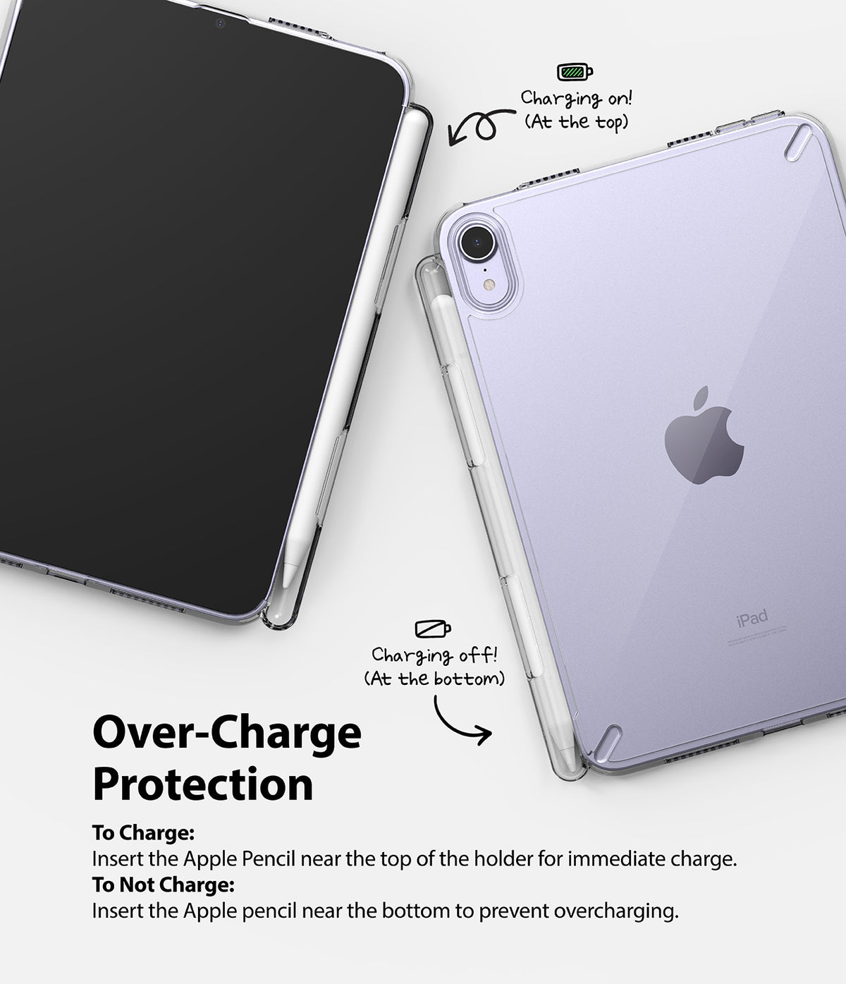 Fusion | iPad - Diagram showing Apple Pencil charging positions in a clear iPad case with over-charge protection instructions.