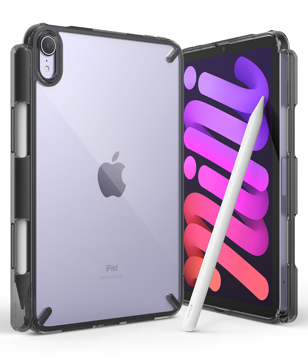 Fusion | iPad - Purple iPad mini in a clear protective case with a stylus holder and an Apple Pencil resting in front.