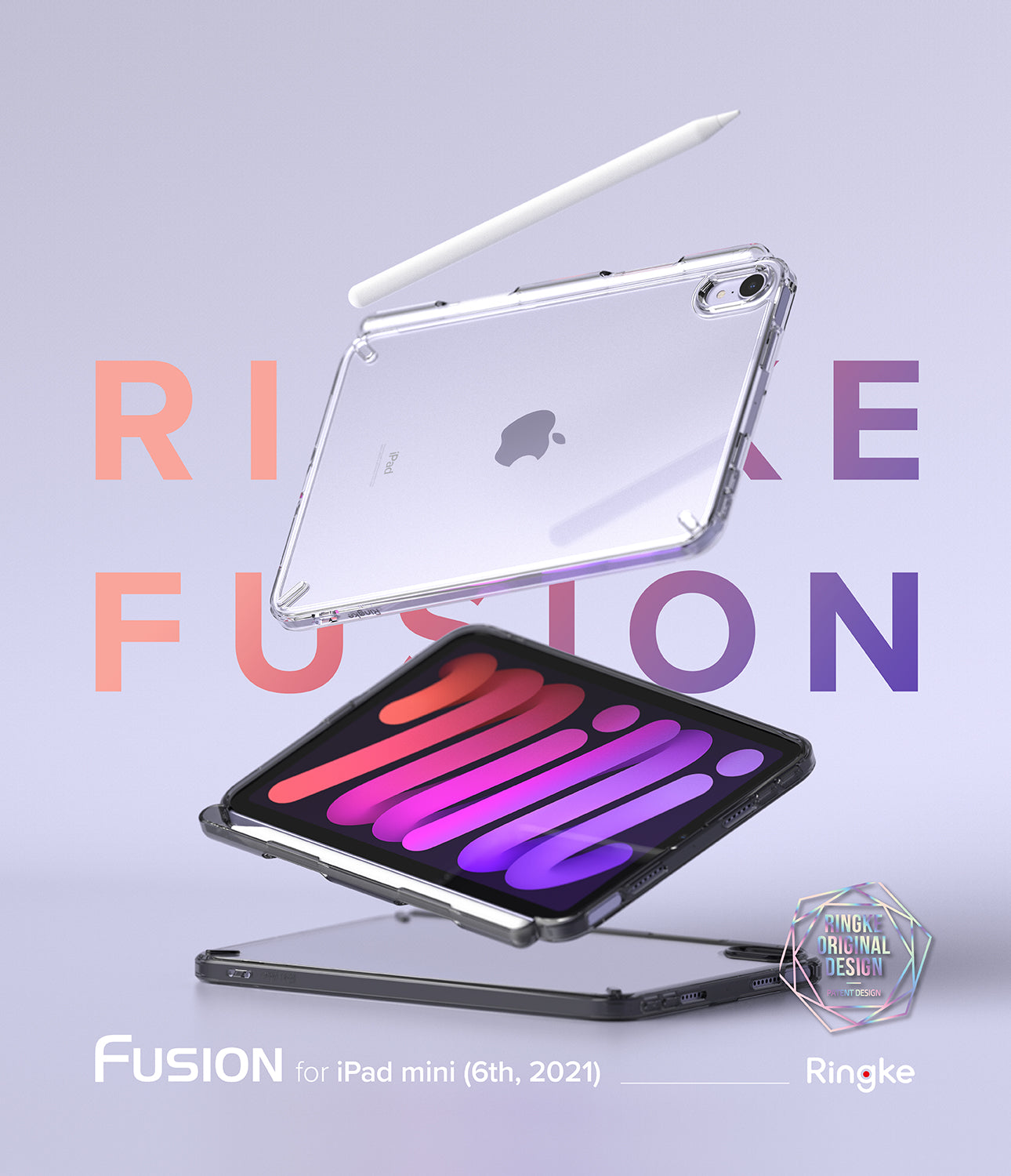Fusion | iPad - iPad mini 6 in a clear Fusion case with a stylus, floating against a light purple background.