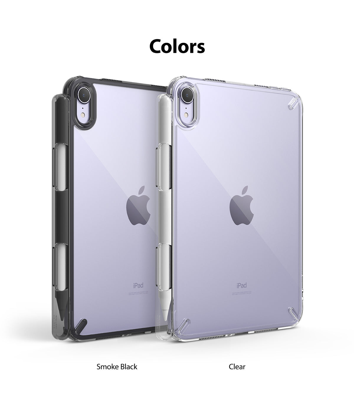 Fusion | iPad - Two iPads in smoke black and clear protective cases with stylus holders, displayed against a white background.