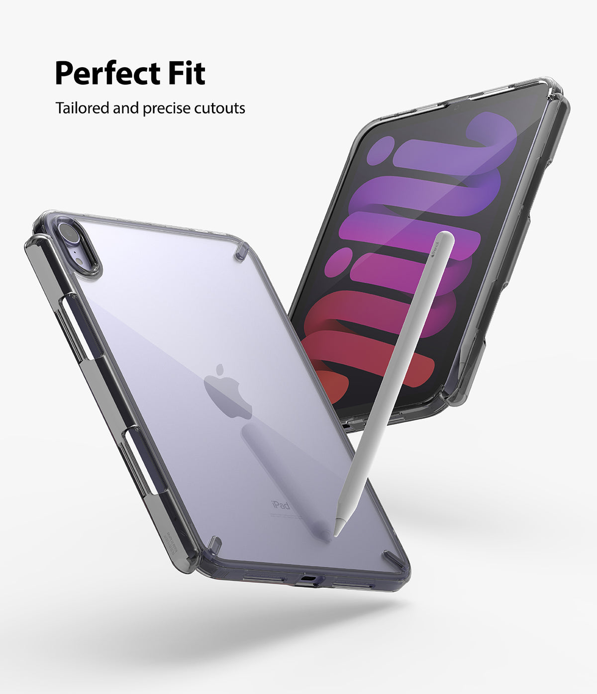 Fusion | iPad - Clear protective case on an iPad mini with a stylus, showing precise cutouts and a sleek design.