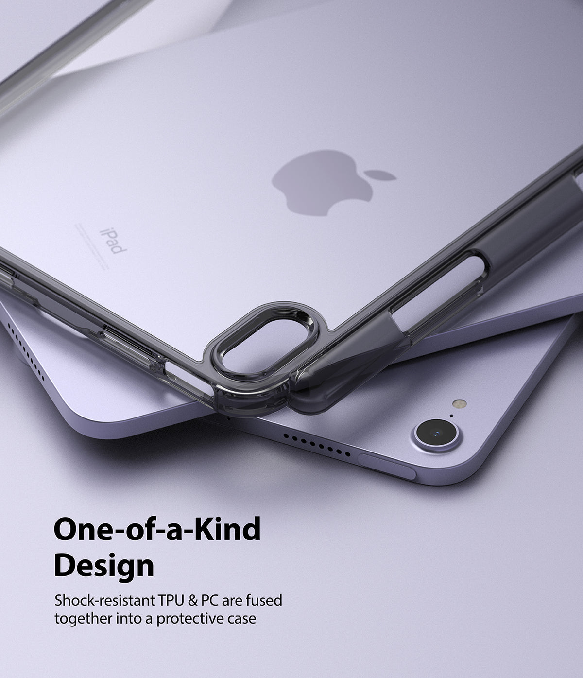 Fusion | iPad - A translucent, dark-tinted protective case resting on a light purple iPad with a visible Apple logo.