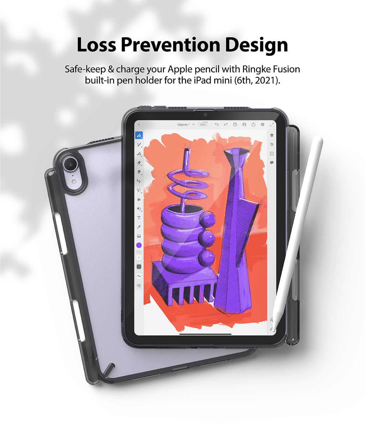 Fusion | iPad - iPad mini in a clear case with a built-in Apple Pencil holder and a digital art display.