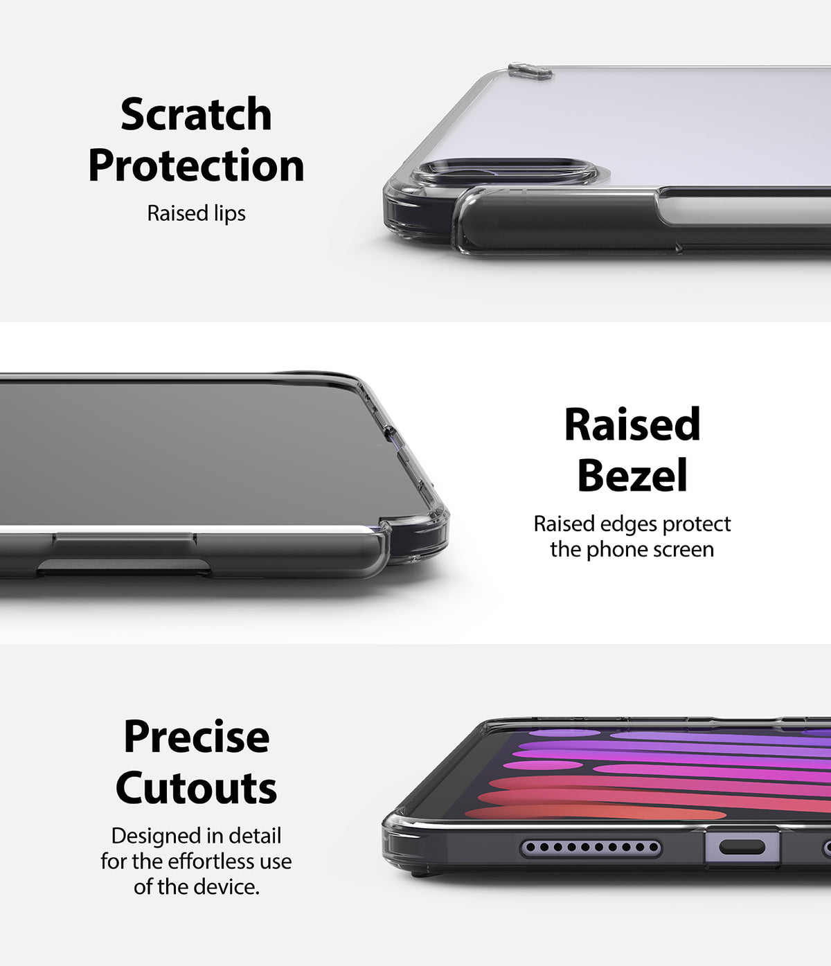 Fusion | iPad - Close-ups of a clear iPad case highlighting raised lips, protective screen bezels, and precise port cutouts.