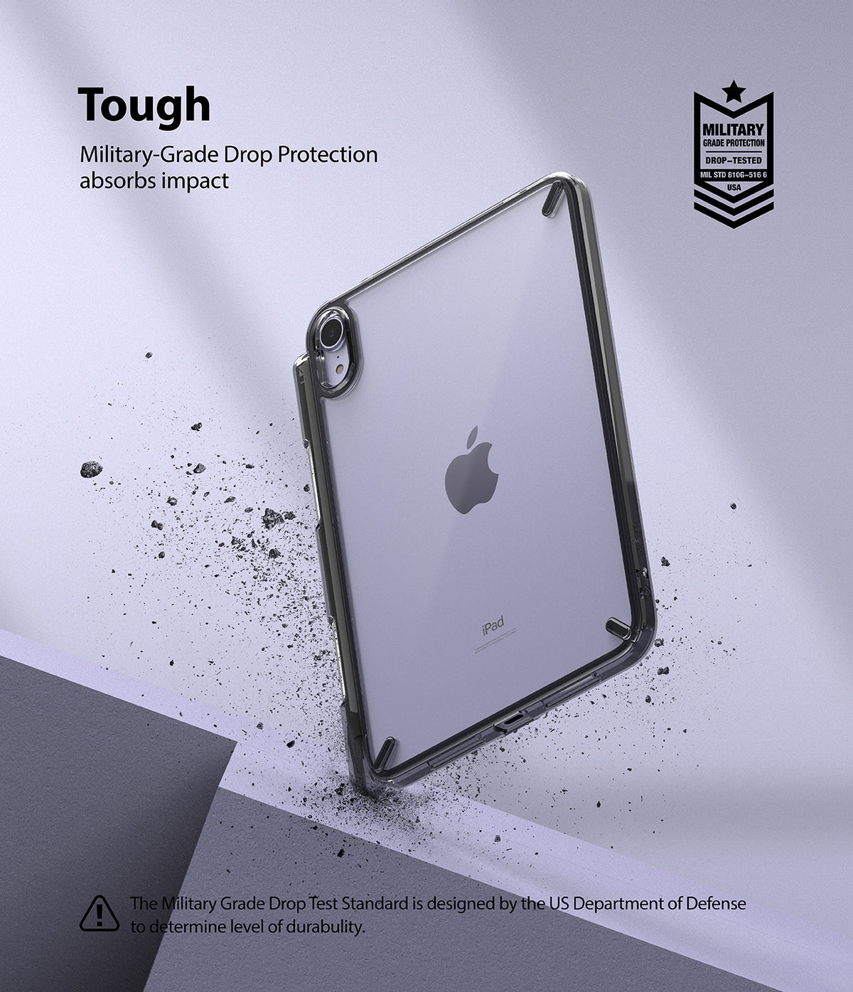 Fusion | iPad - Clear protective iPad case with military-grade drop protection badge and debris effect on purple background.