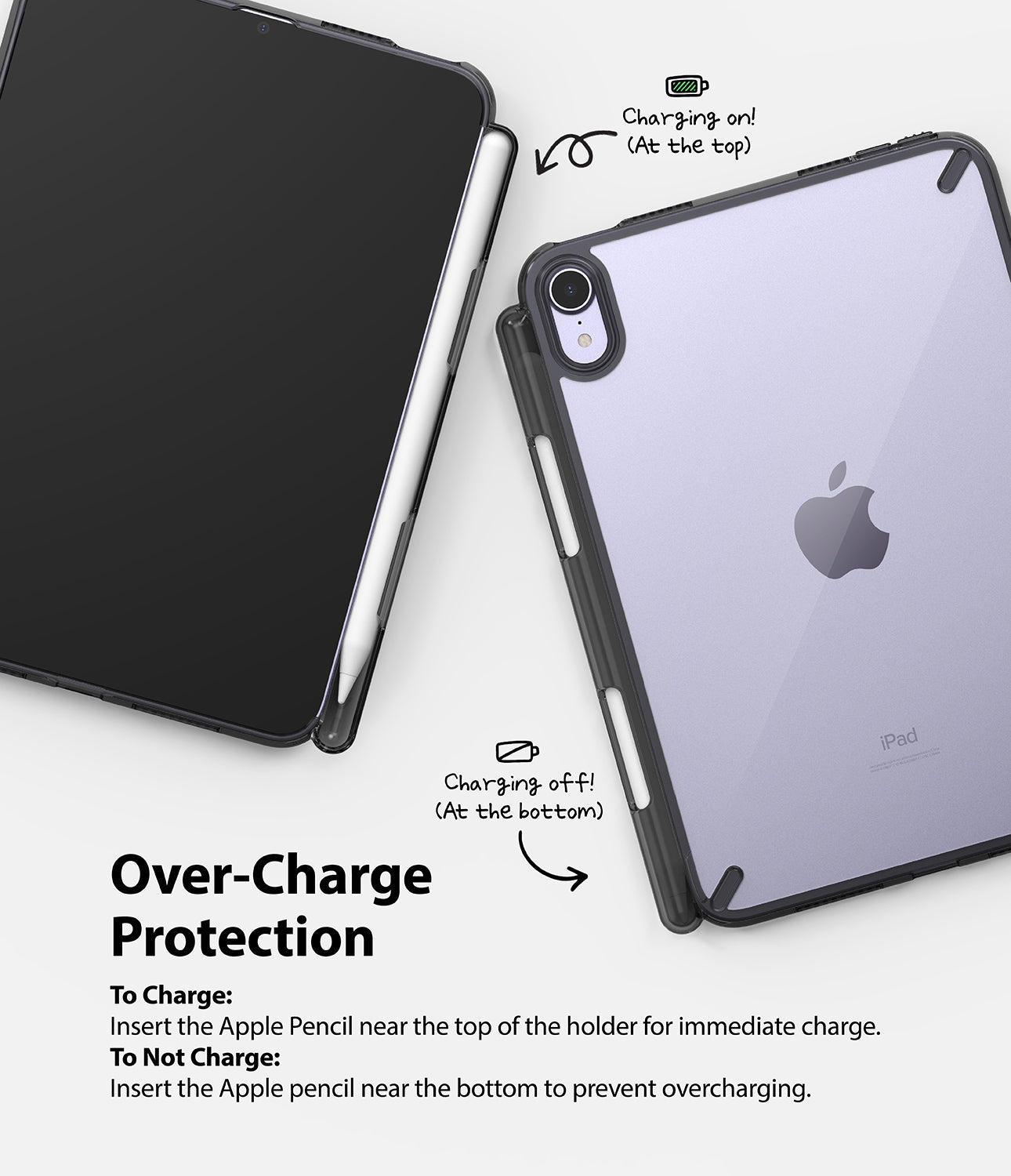 Fusion | iPad - iPad case showing Apple Pencil charging at the top and non-charging storage at the bottom.