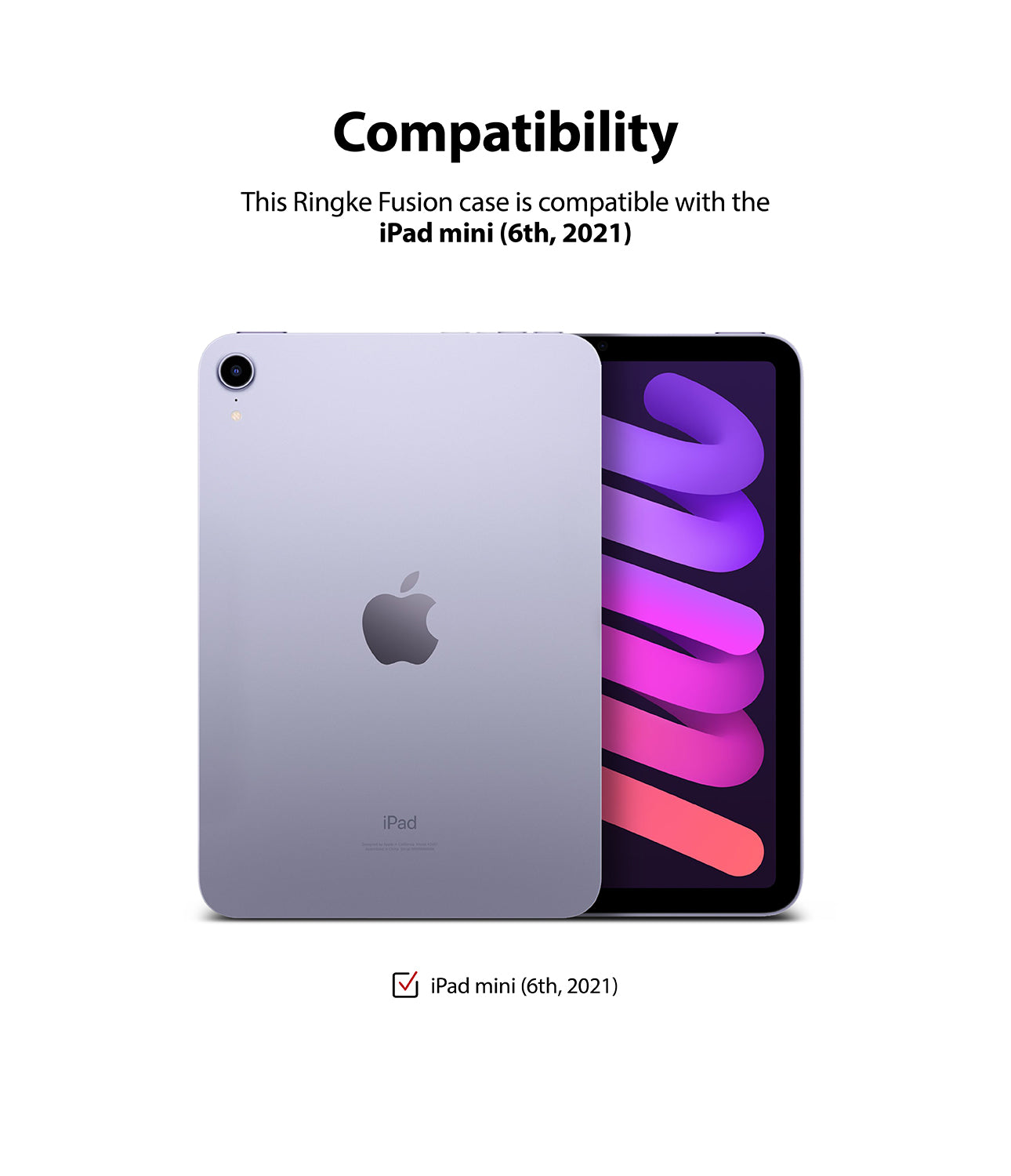 Fusion | iPad - A purple iPad mini 6th Gen shown from the back and front with text confirming compatibility.