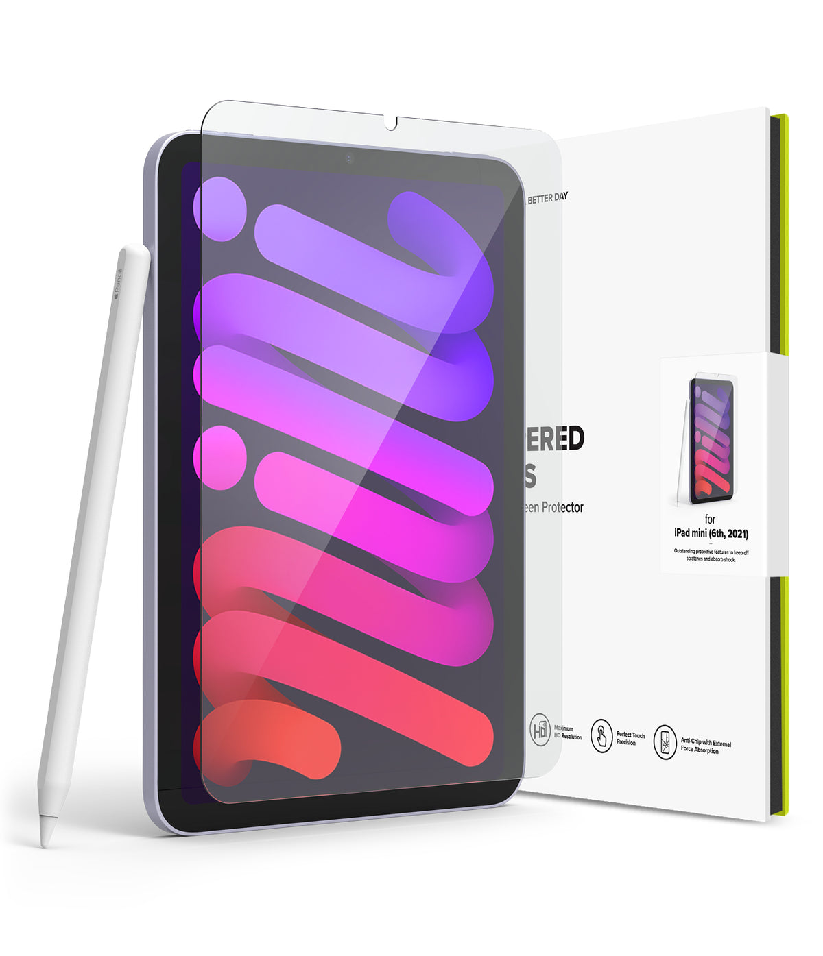 Tempered Glass | iPad - iPad mini with a glass screen protector, stylus, and product packaging box on a white background.