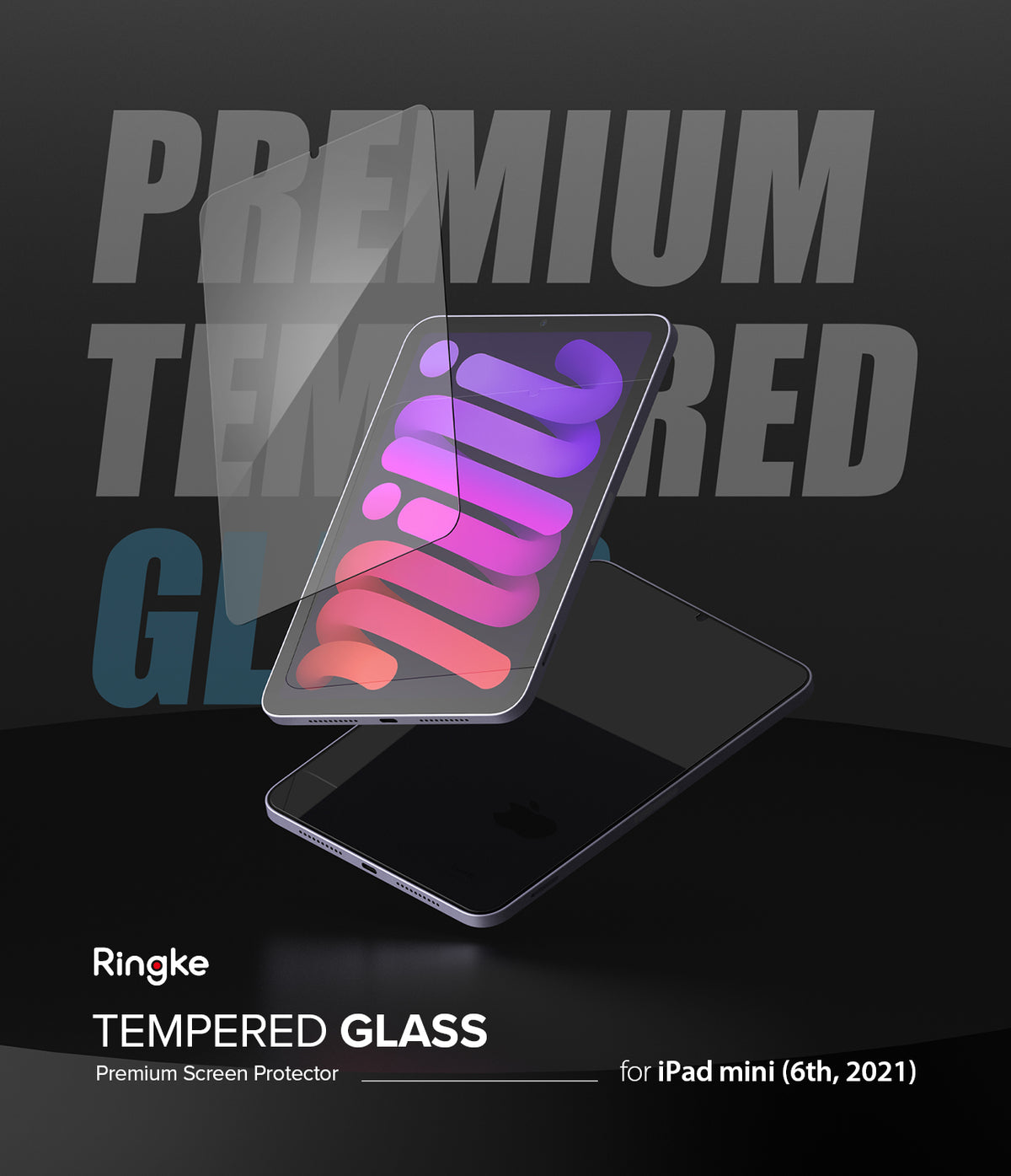 Tempered Glass | iPad - A clear screen protector hovering above an iPad mini with a colorful abstract display.