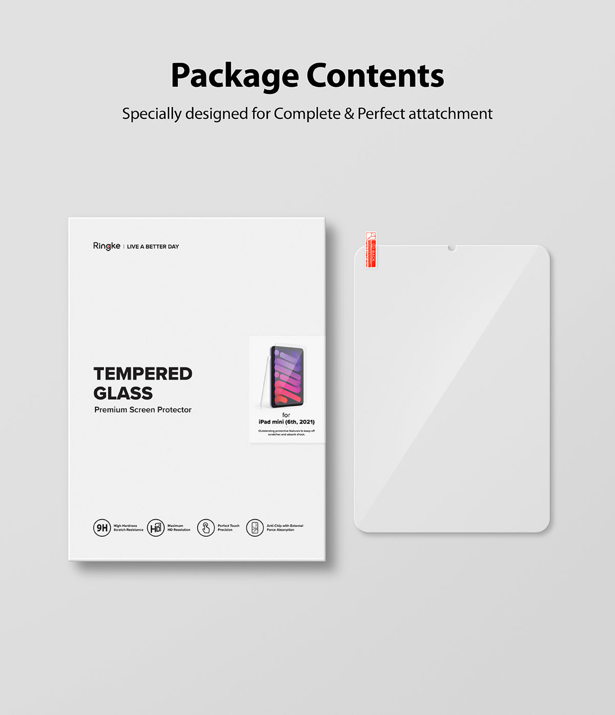 Tempered Glass | iPad - Ringke screen protector packaging next to a clear glass sheet for iPad mini 6th generation.