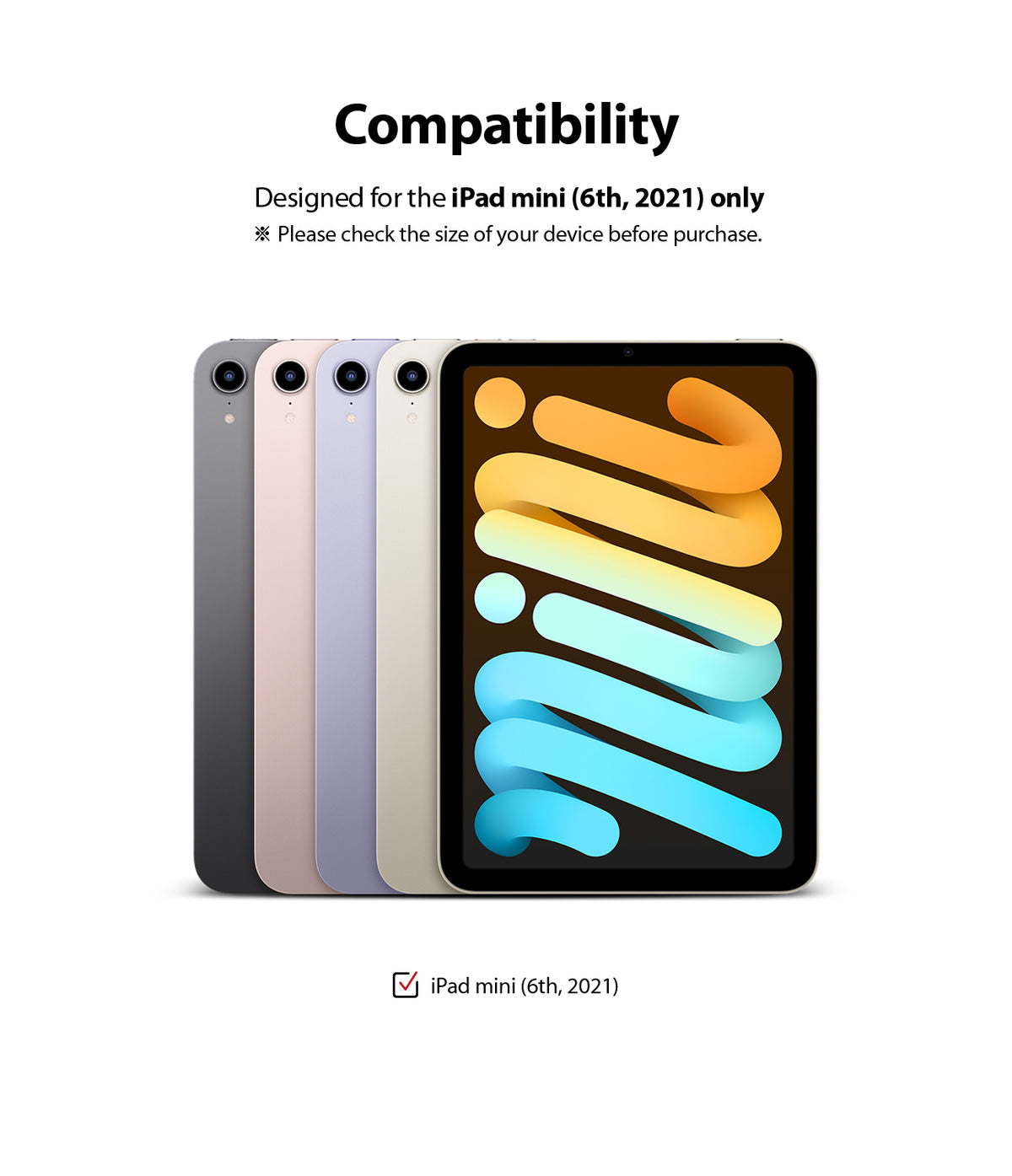 Tempered Glass | iPad - Four iPad mini 6th gen devices in different colors displayed with compatibility text.