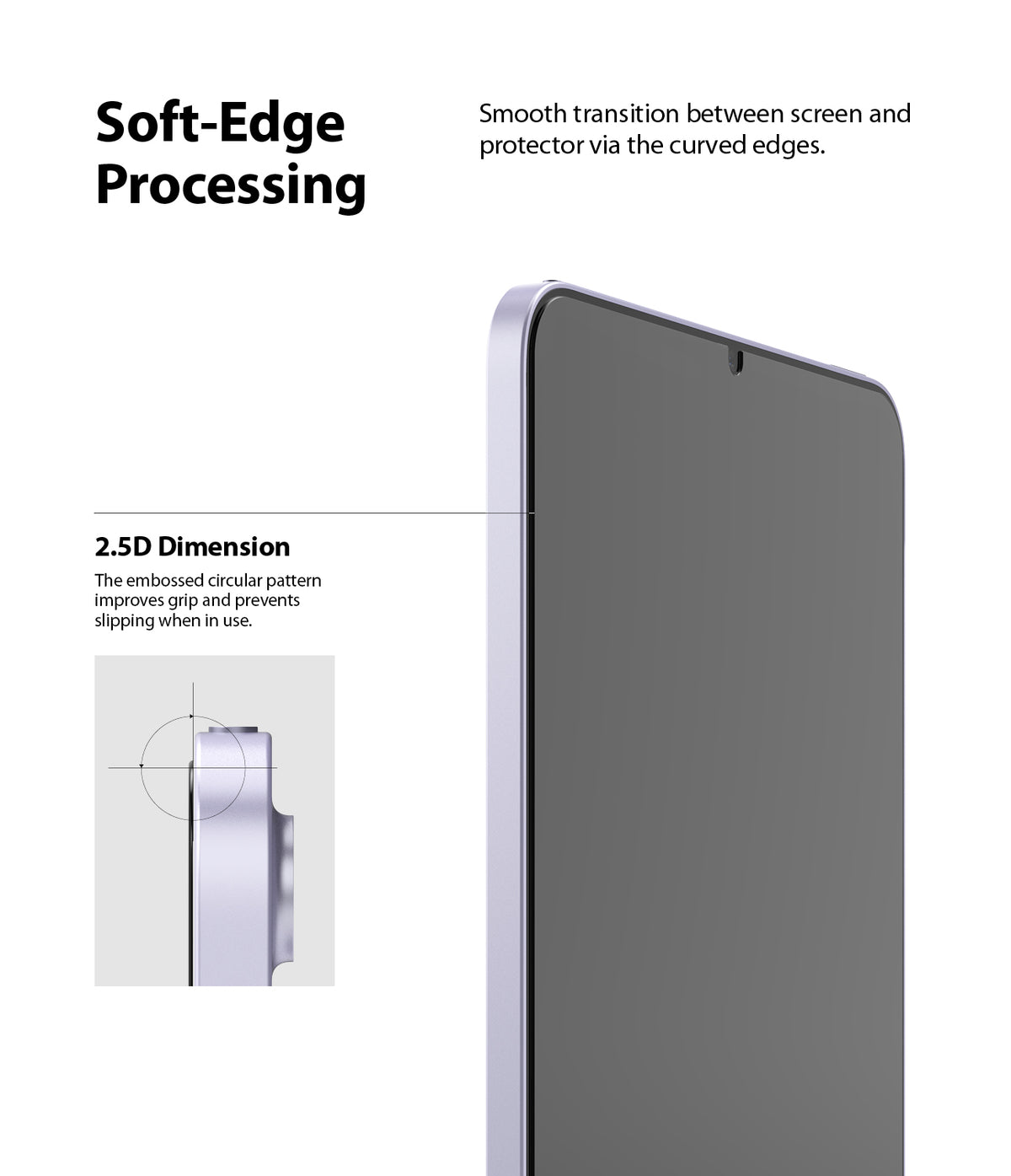 Tempered Glass | iPad - Close-up of an iPad with a 2.5D curved-edge screen protector and a diagram showing the smooth transition.