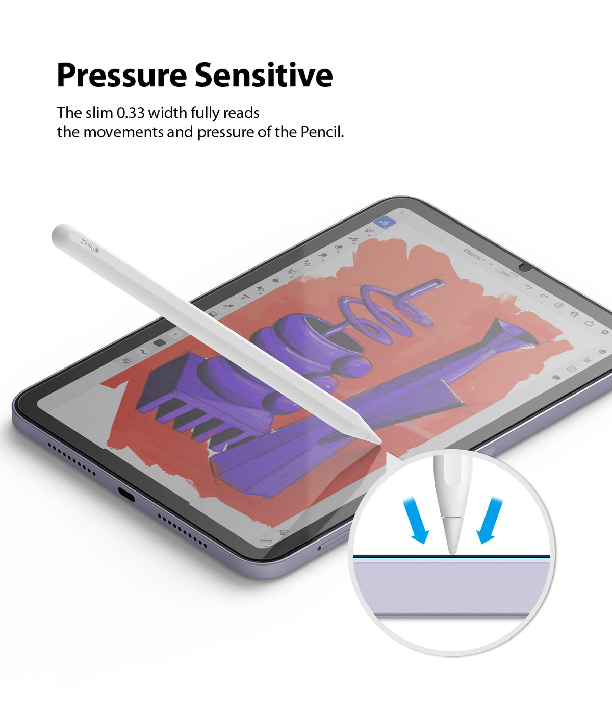 Tempered Glass | iPad - Stylus drawing on iPad screen with an inset showing pressure sensitivity through the glass layer.