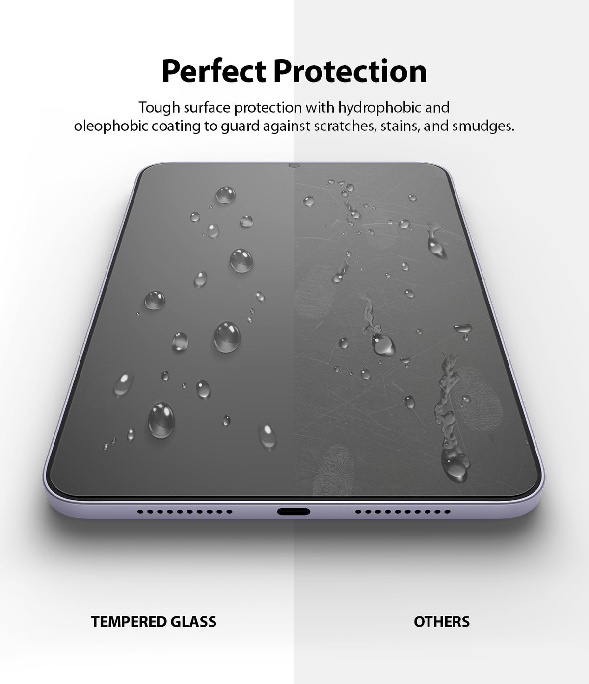 Tempered Glass | iPad - Split screen showing water beading on tempered glass versus smudges and scratches on standard glass.