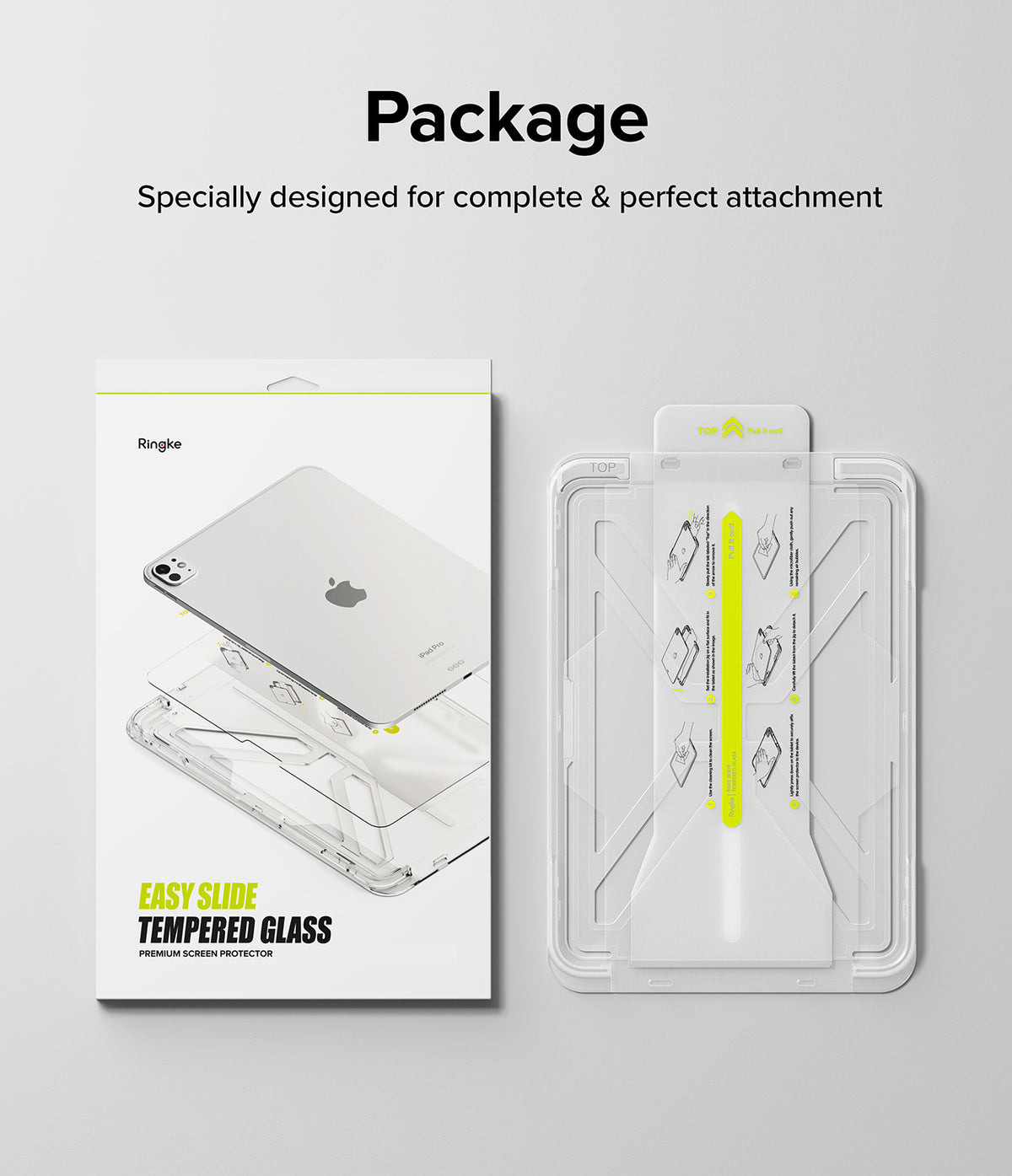 Easy Slide Tempered Glass | iPad - Retail packaging and a clear plastic installation jig for an iPad screen protector.