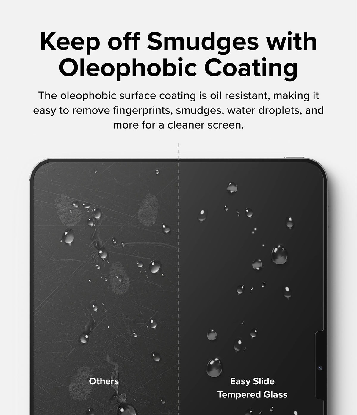 Easy Slide Tempered Glass | iPad - Comparison of a smudged screen versus a clean screen with water-repellent coating.