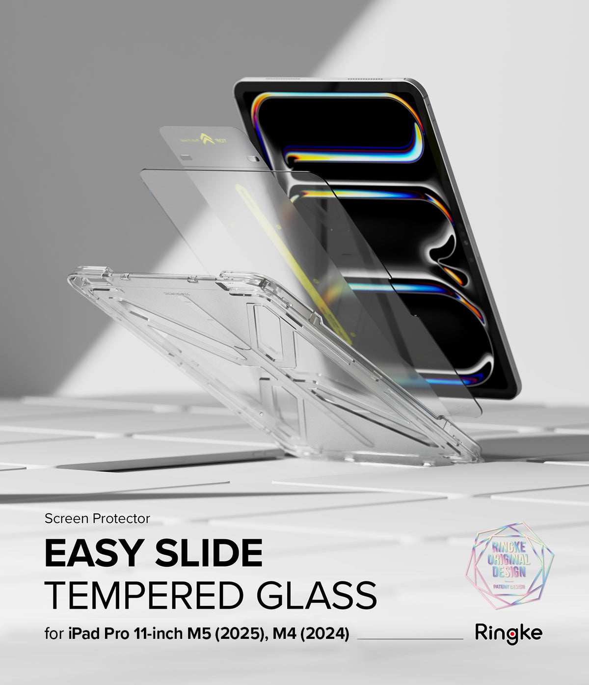 Easy Slide Tempered Glass | iPad - Exploded view of an iPad screen protector with an installation tray and glass film.