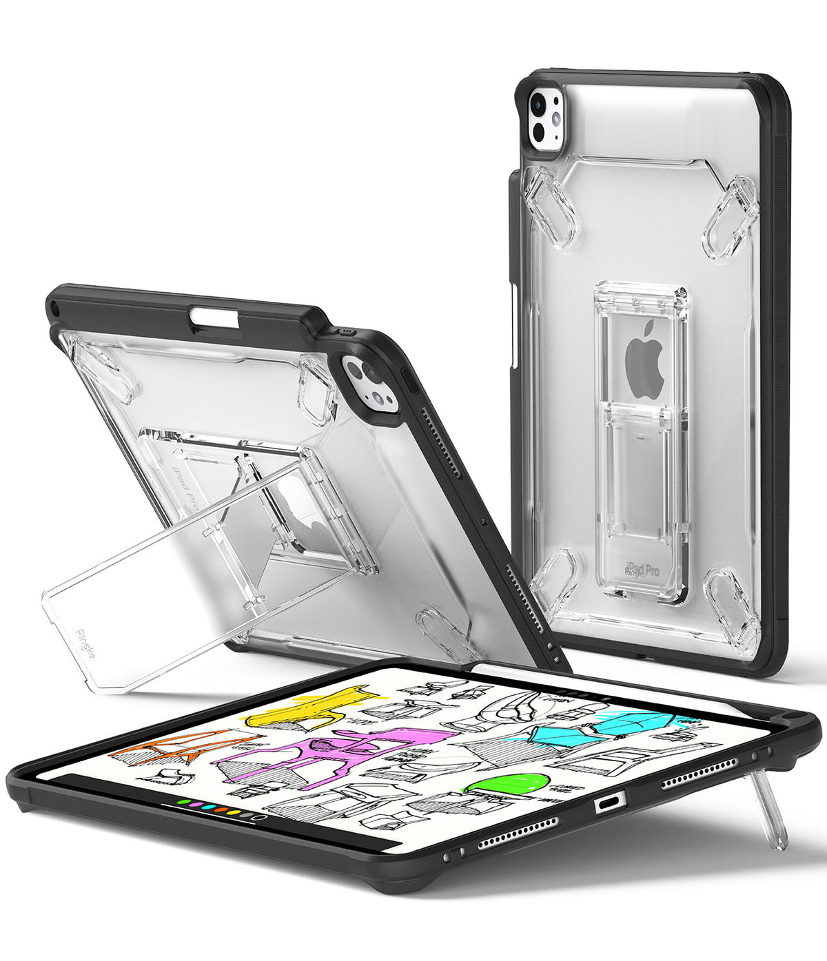 Fusion Sketch Stand | iPad - Clear protective iPad case with integrated kickstand shown in upright and flat drawing angles.