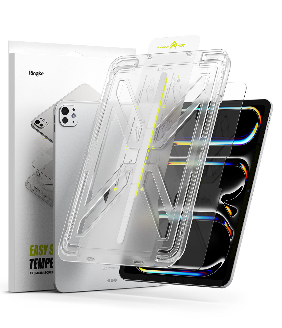 Easy Slide Tempered Glass | iPad - Ringke screen protector installation kit with alignment frame and iPad packaging.