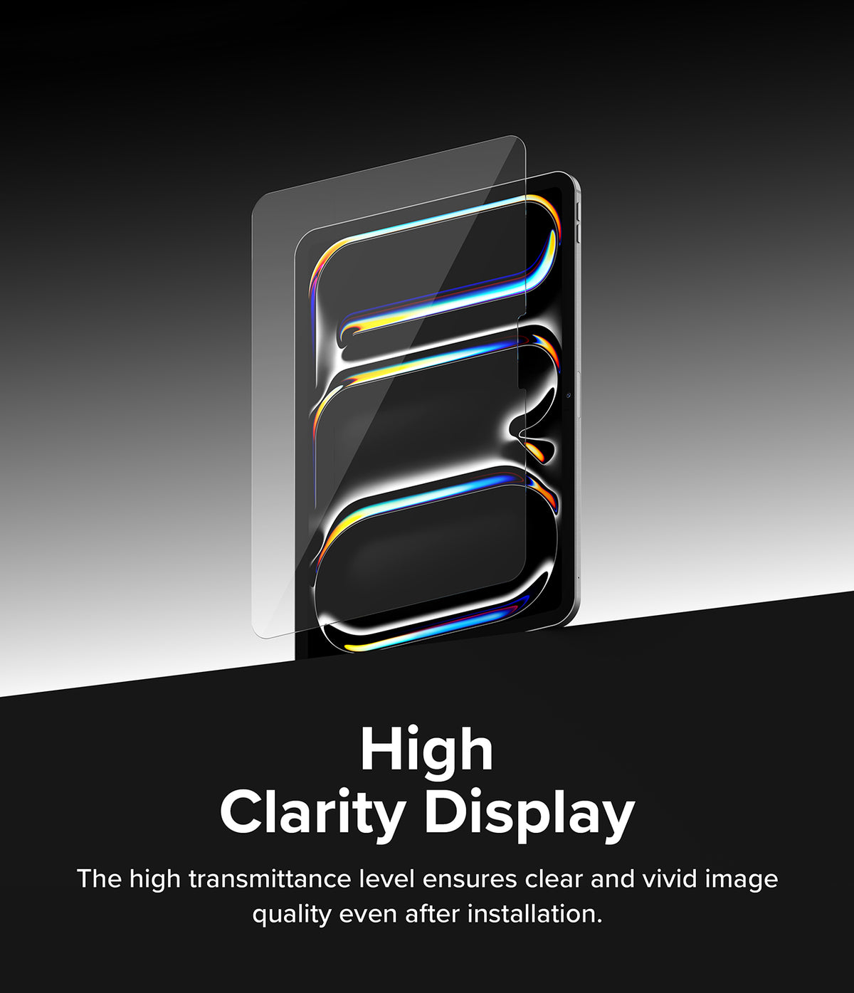 Easy Slide Tempered Glass | iPad - Clear screen protector hovering over an iPad displaying a vibrant, abstract light graphic.