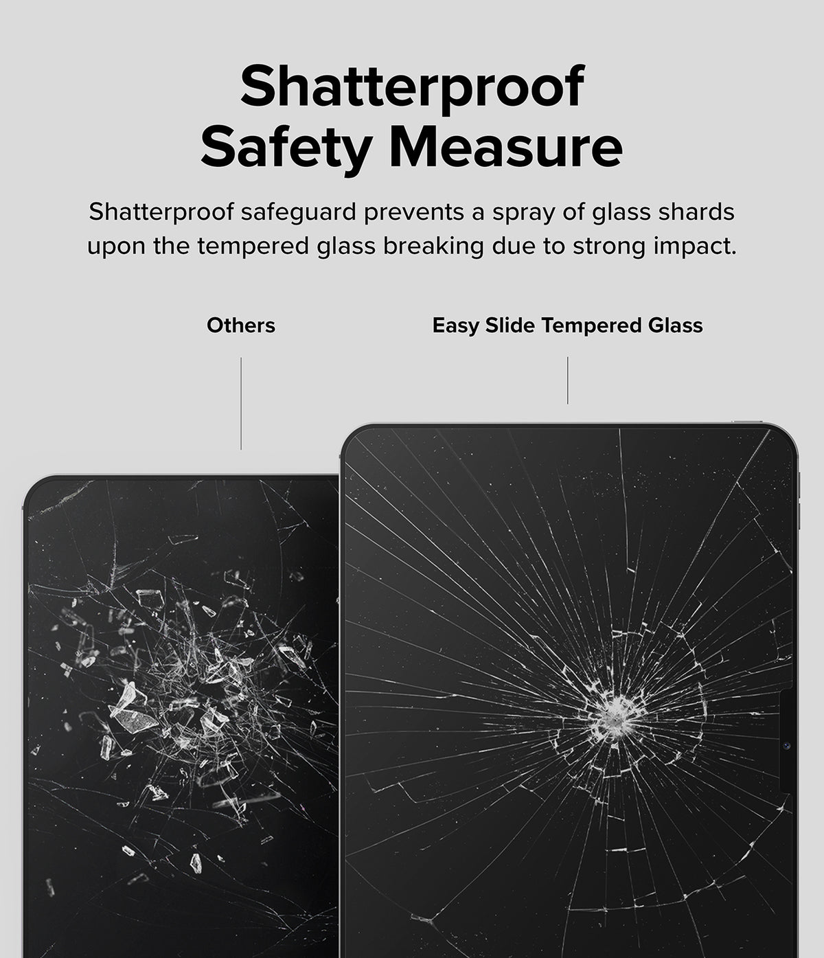 Easy Slide Tempered Glass | iPad - Easy Slide Tempered Glass - Comparison showing shattered standard glass versus intact Easy Slide tempered glass.