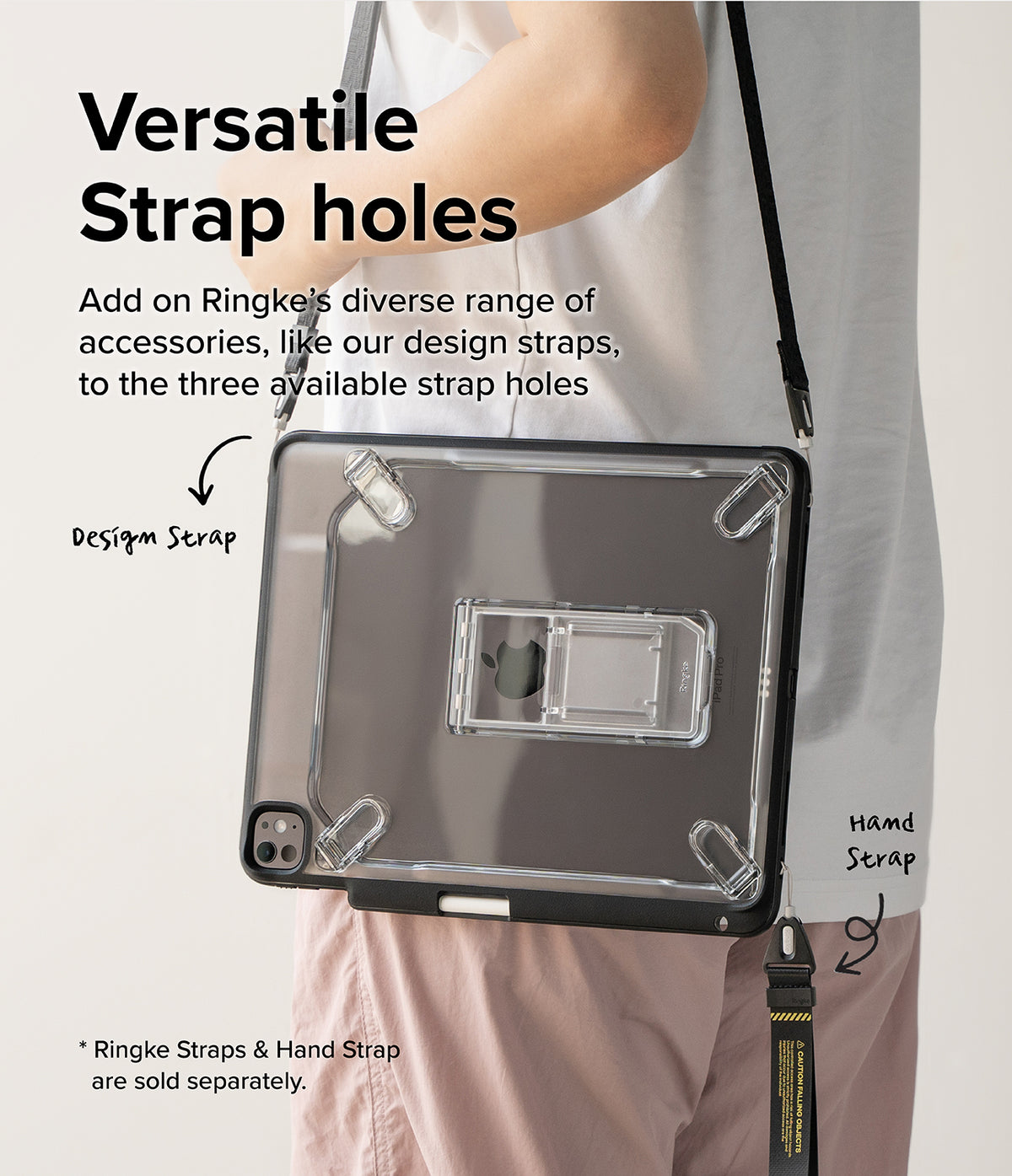 Fusion Sketch Stand | iPad - Person wearing an iPad case with integrated strap holes, shoulder strap, and hand strap.