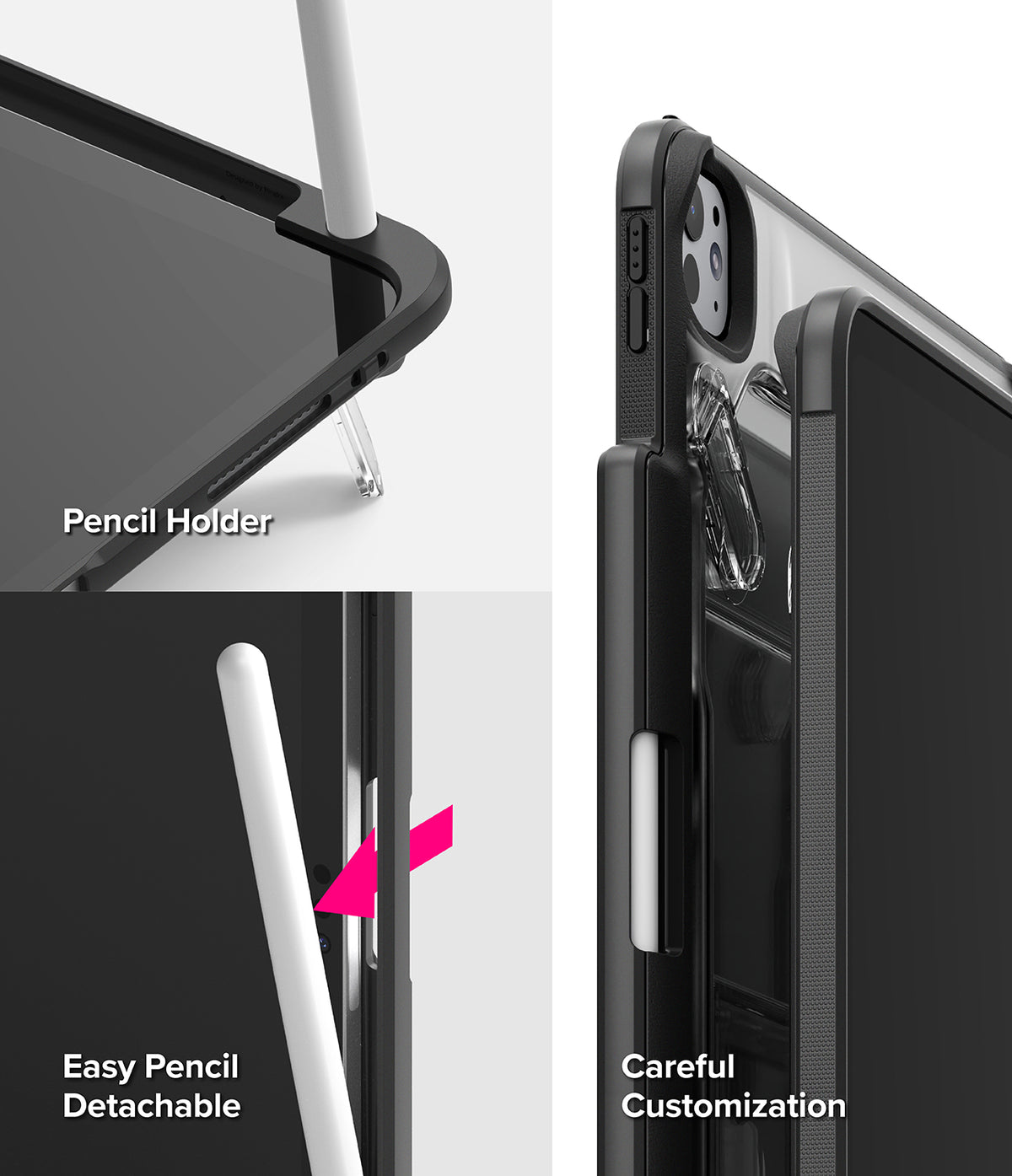 Fusion Sketch Stand | iPad - Close-up views of an iPad case showing a pencil holder, easy stylus detachment, and precise fit.