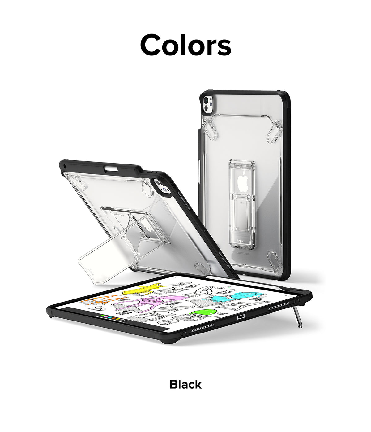 Fusion Sketch Stand | iPad - Black iPad case with clear back and integrated kickstand shown in upright and angled positions.
