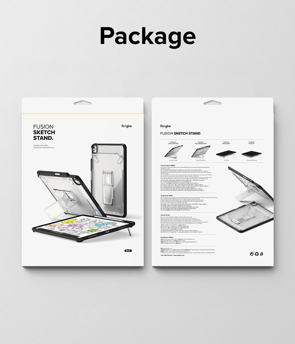 Fusion Sketch Stand | iPad - Front and back product packaging for a black iPad case featuring stand angles and usage instructions.