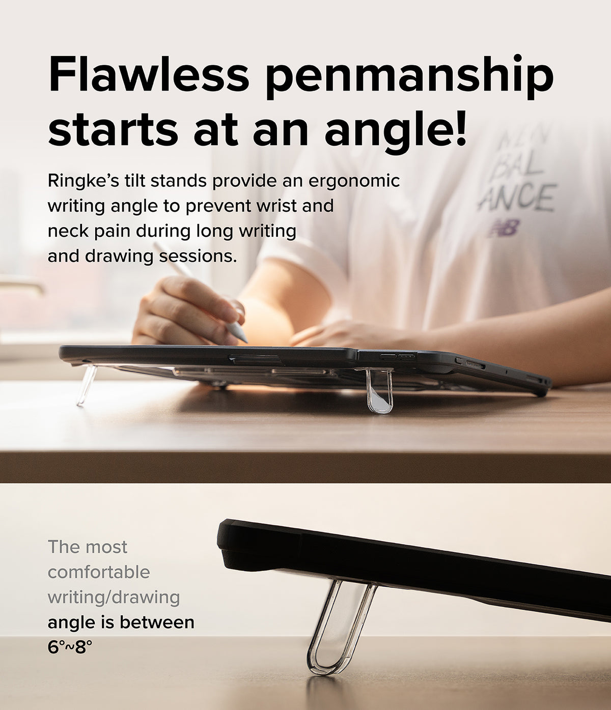 Fusion Sketch Stand | iPad - iPad propped up at an ergonomic angle by a clear, U-shaped stand for comfortable writing and drawing.