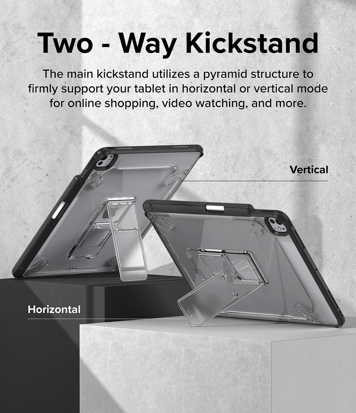 Fusion Sketch Stand | iPad - Two tablets in clear cases with pyramid kickstands displayed in vertical and horizontal orientations.
