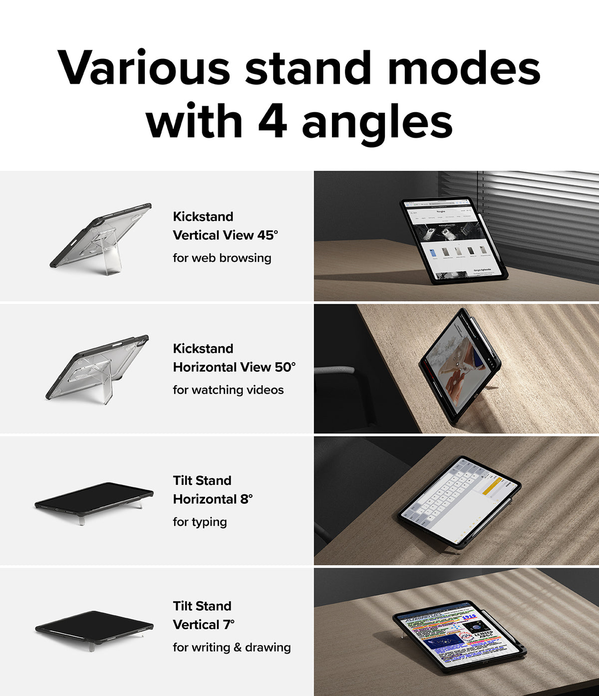 Fusion Sketch Stand | iPad - Four diagrams showing iPad stand angles for browsing, video, typing, and drawing.