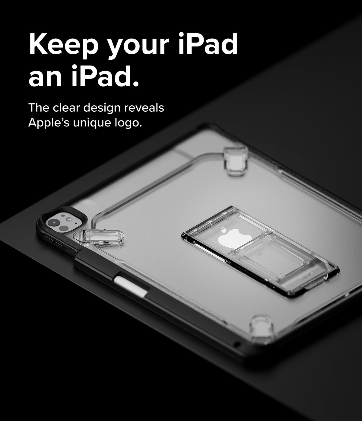 Fusion Sketch Stand | iPad - Clear iPad case with a built-in folding stand, showcasing the Apple logo on the device back.