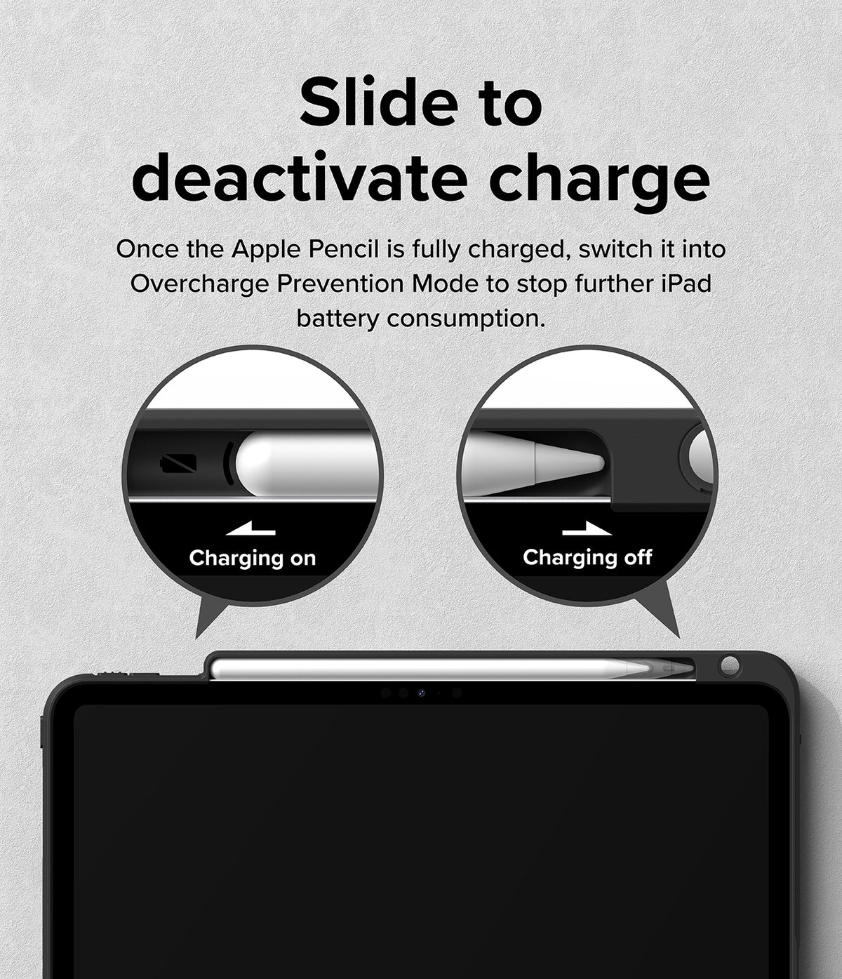 Fusion Sketch Stand | iPad - Diagram showing how to slide the Apple Pencil to toggle charging on or off on an iPad.