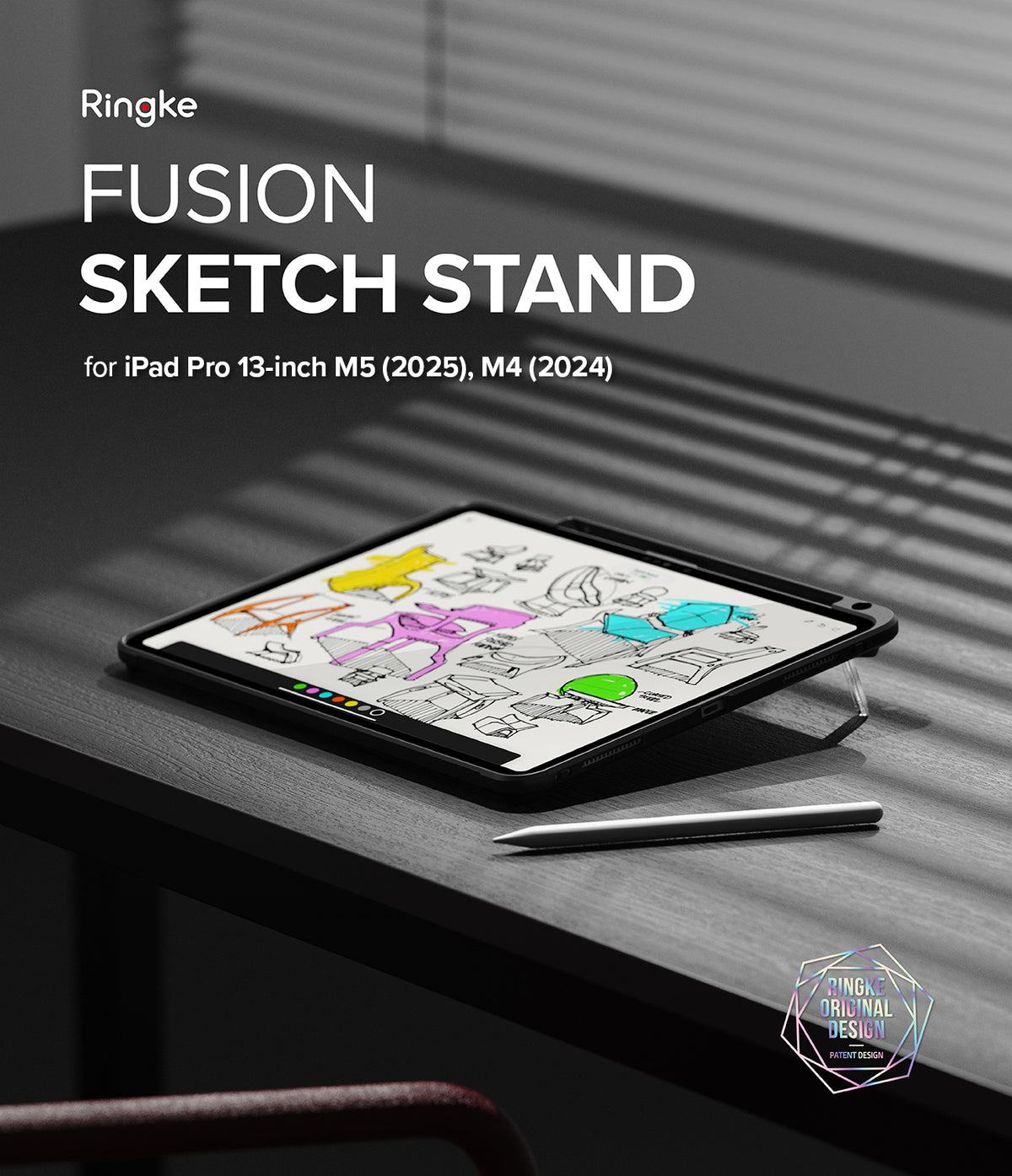 Fusion Sketch Stand | iPad - iPad Pro 13-inch on a desk with a built-in kickstand, displaying colorful sketches and a stylus nearby.