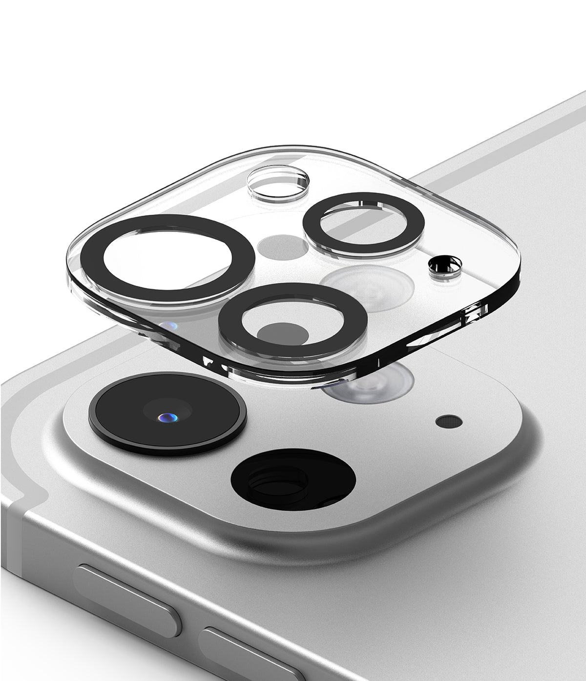 Camera Glass | iPad - Transparent protective glass cover hovering above an iPad camera module.