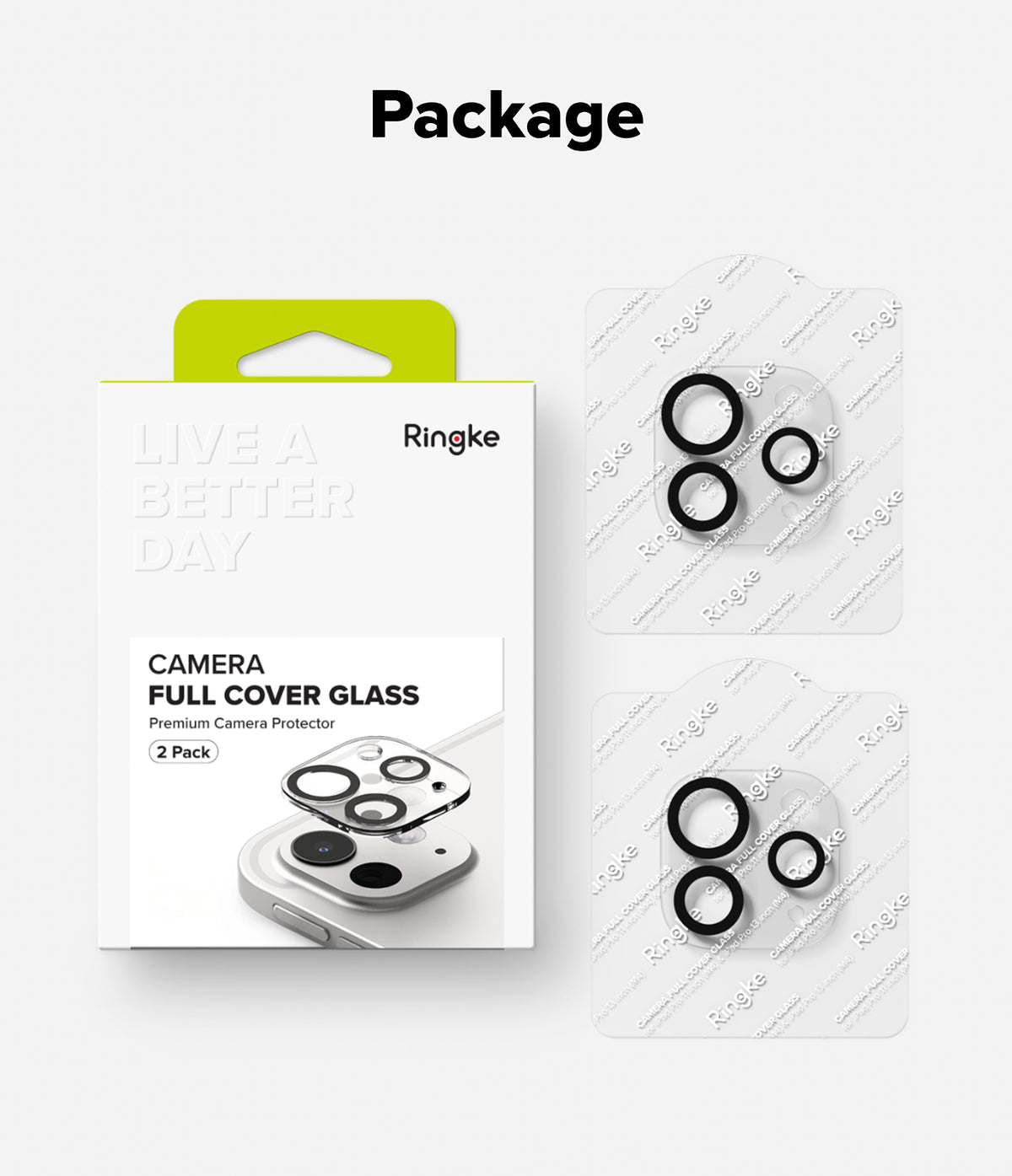 Camera Glass | iPad - Ringke camera lens protector packaging with two sets of glass covers on adhesive backing sheets.