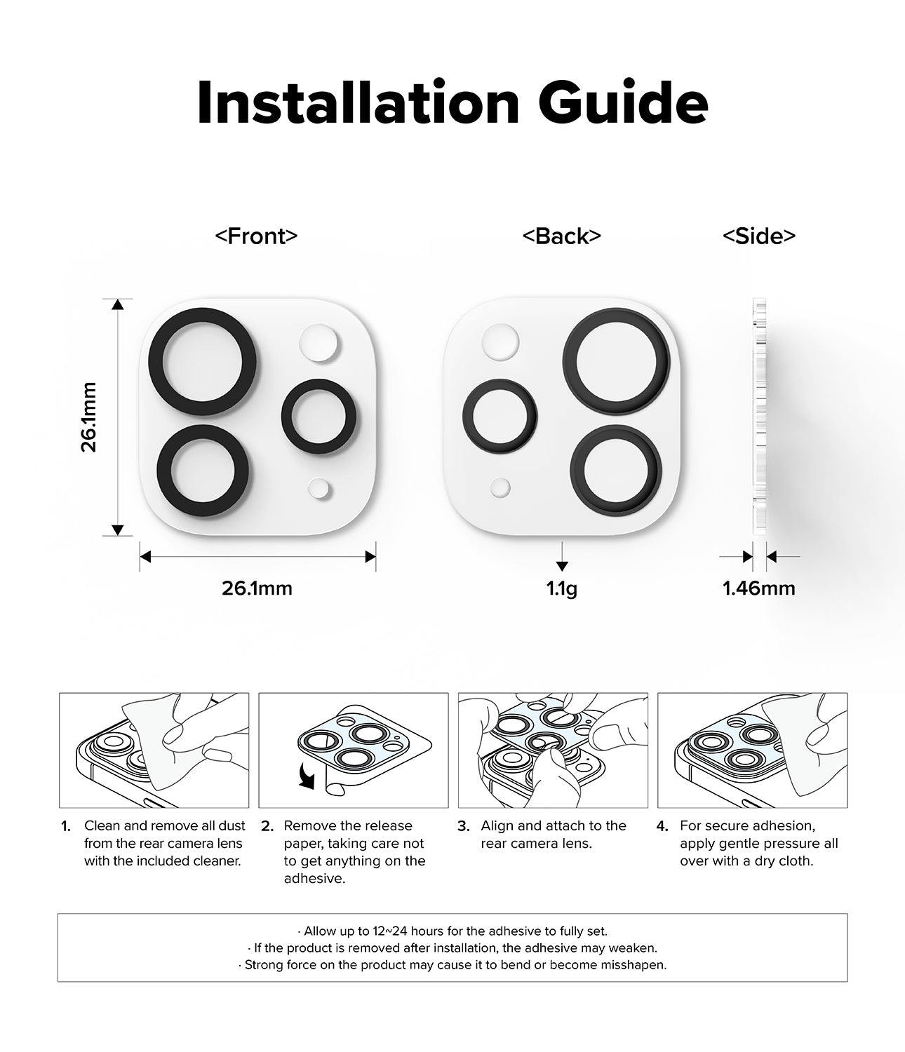 Camera Glass | iPad - Technical diagram showing dimensions and a four-step installation guide for iPad camera lens protectors.