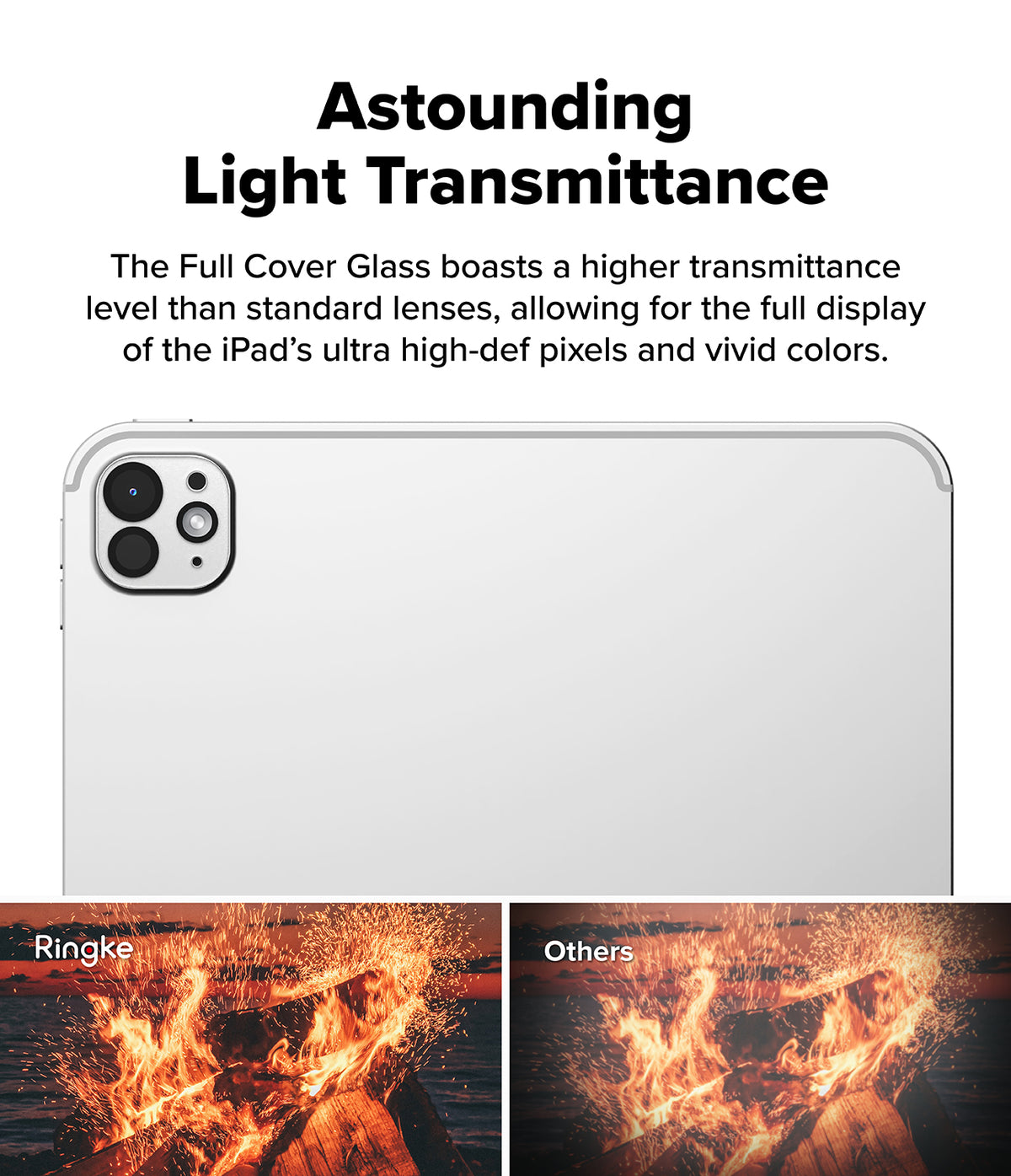 Camera Glass | iPad - Comparison showing brighter, clearer campfire photo with Ringke glass versus a duller image.