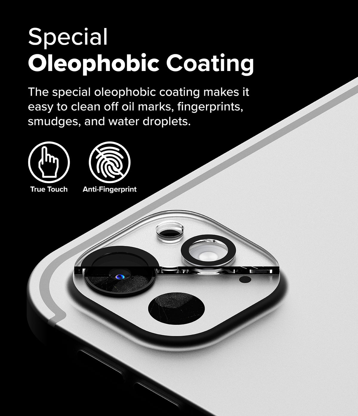 Camera Glass | iPad - Close-up of iPad camera lens with oleophobic coating, showing a clean surface versus a smudged one.