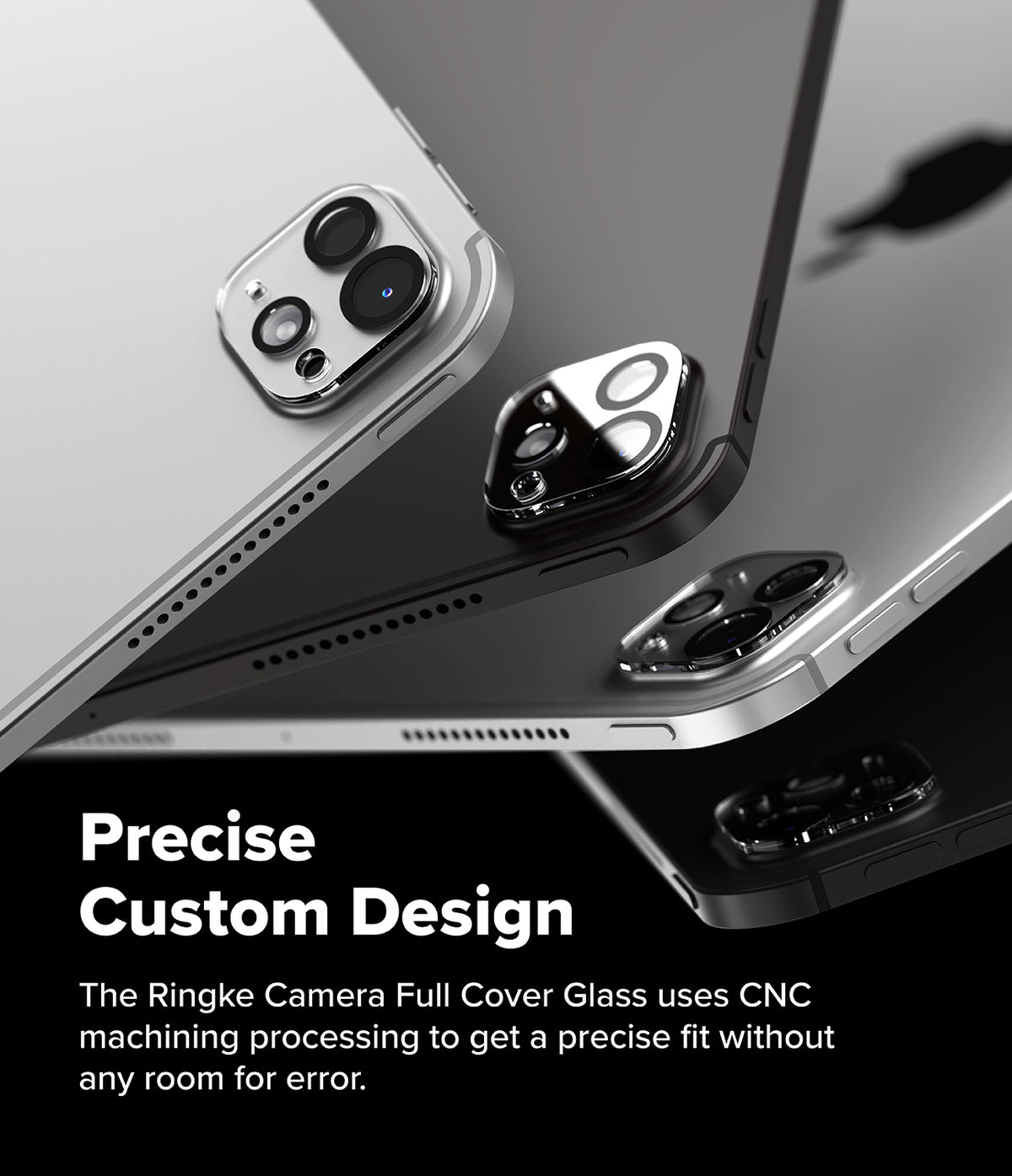Camera Glass | iPad - Stacked iPads with clear, precise camera lens protectors installed on their rear camera modules.