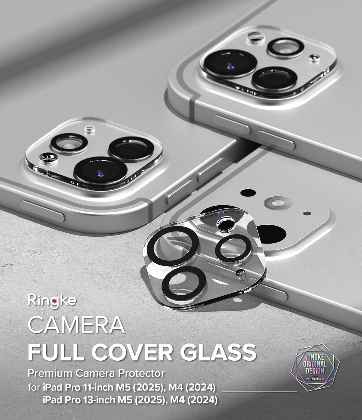 Camera Glass | iPad - Clear camera lens protectors installed on silver iPad Pro devices with one spare protector in foreground.