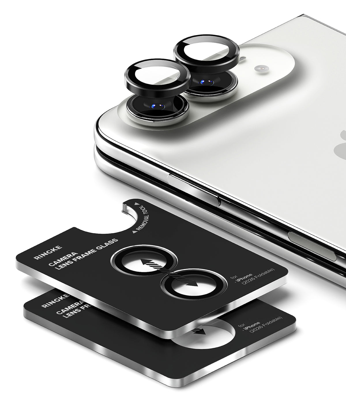 iPhone Duo Camera Protector | Camera Lens Frame Glass (2 Pack) - Three black camera lens frame protectors with silver edges are shown, with two stacked on a phone and one displayed separately. The phone has a silver Apple logo visible on the back.