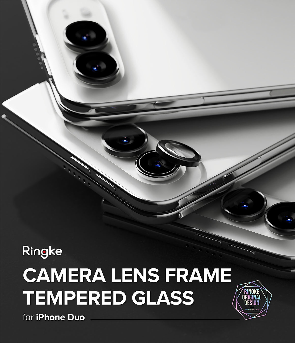 iPhone Duo Camera Protector | Camera Lens Frame Glass (2 Pack) - Three silver iPhones stacked diagonally, showing the back camera lenses and the front camera lens frame lifted open to reveal a clear protective lens. The Ringke brand logo and text 'CAMERA LENS FRAME TEMPERED GLASS for iPhone Duo' are displayed on a dark background.