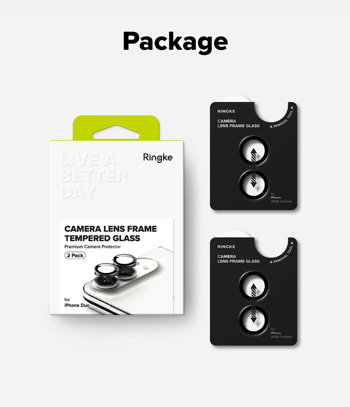 iPhone Duo Camera Protector | Camera Lens Frame Glass (2 Pack) - Ringke camera lens frame tempered glass protective film packaging set, featuring a white retail box with a lime green tab and two black individual film cards on a light gray background under the heading 'Package'.