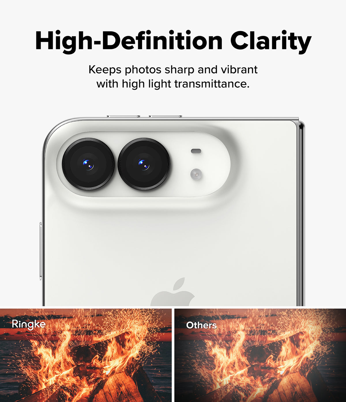 iPhone Duo Camera Protector | Camera Lens Frame Glass (2 Pack) - A close-up of a white smartphone showing its rear camera system and part of the Apple logo, with marketing text reading 'High-Definition Clarity' and two comparison thumbnails at the bottom labeled Ringke and Others.