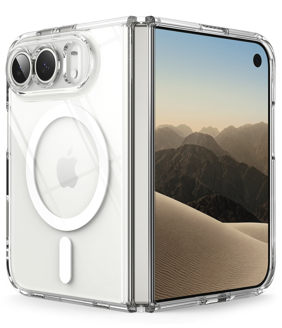 iPhone Duo | Fusion Magnetic - A clear protective case for a folding smartphone, shown with the phone partially unfolded to display both the back and front. The case is transparent with a white MagSafe ring on the back, shown against a clean white background.