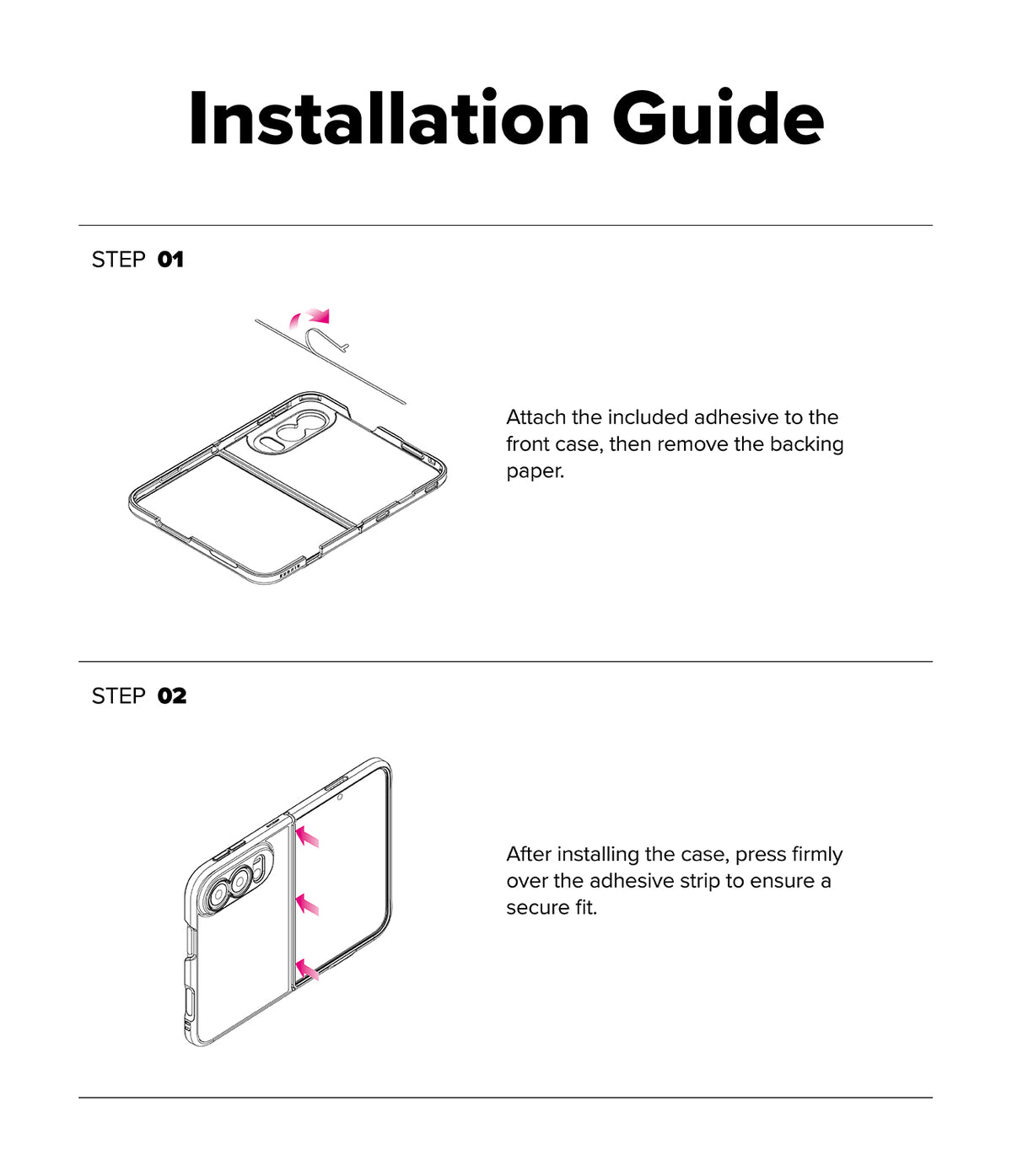 iPhone Duo | Fusion - An installation guide diagram showing two steps for attaching a phone case. Step 01 illustrates the case with adhesive applied and instructions to remove the backing paper.